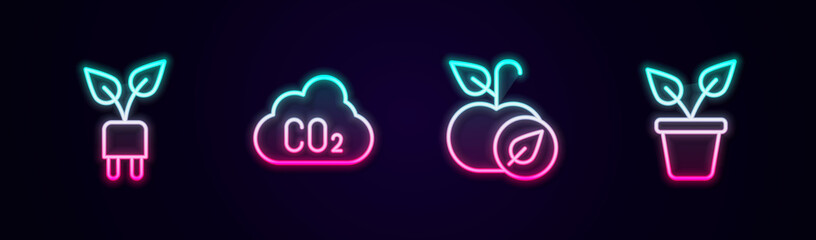 Set line Electric saving plug in leaf, CO2 emissions cloud, Apple and Plant pot. Glowing neon icon. Vector