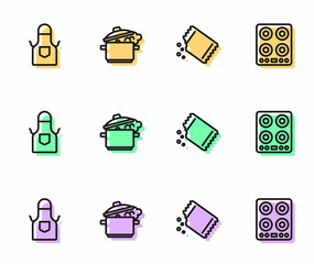 Set line Packet of pepper, Kitchen apron, Cooking pot and Gas stove icon. Vector