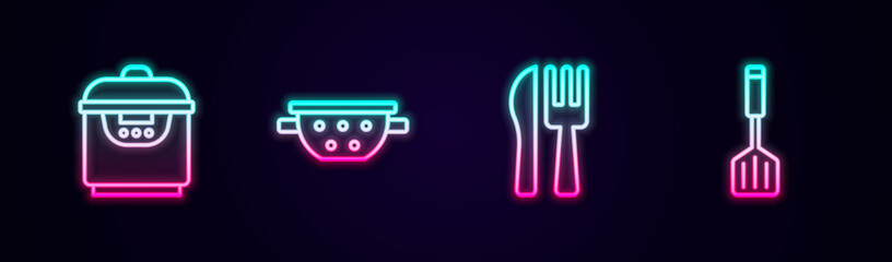 Set line Slow cooker, Kitchen colander, Crossed knife fork and Spatula. Glowing neon icon. Vector