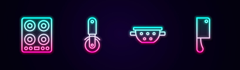 Set line Gas stove, Pizza knife, Kitchen colander and Meat chopper. Glowing neon icon. Vector