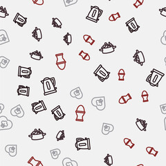 Set line Electric kettle, Cooking pot, Chef hat and Chicken egg on stand on seamless pattern. Vector