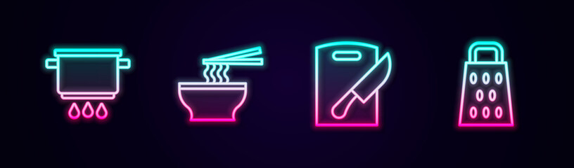 Set line Cooking pot on fire, Asian noodles bowl, Cutting board and knife and Grater. Glowing neon icon. Vector