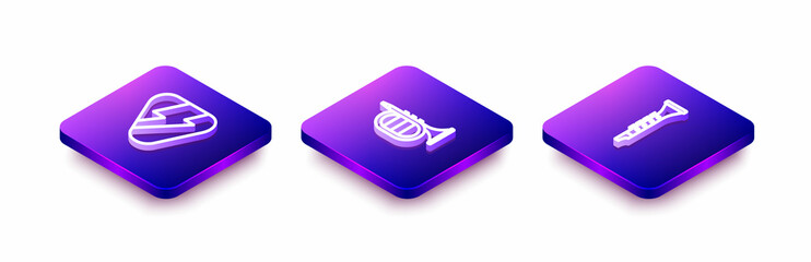 Set Isometric line Guitar pick, Trumpet and Clarinet icon. Vector