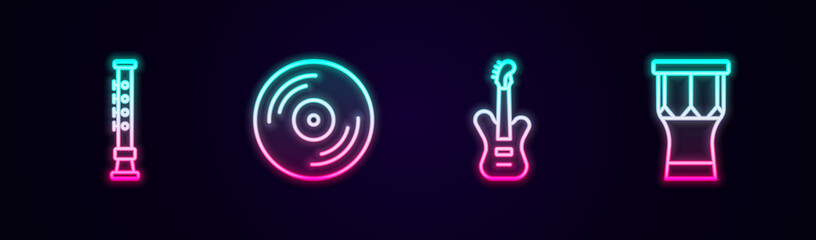 Set line Flute, Vinyl disk, Electric bass guitar and African percussion drum. Glowing neon icon. Vector