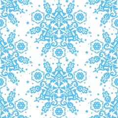 Blue ornament on white background seamless vector template. Blue and white color. For fabric, wallpaper, venetian pattern,textile, packaging.