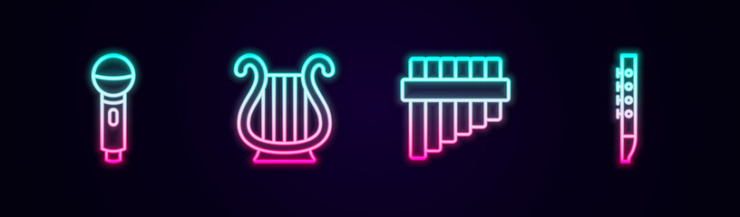 Set line Microphone, Ancient Greek lyre, Pan flute and Flute. Glowing neon icon. Vector