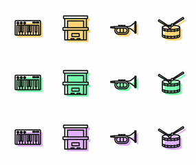 Set line Trumpet, Music synthesizer, Piano and Drum with drum sticks icon. Vector