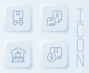 Set line Cardboard box with traffic symbol, Waybill, Full warehouse and Carton cardboard. White square button. Vector