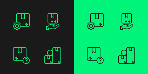 Set line Carton cardboard box, Gear with package and Delivery hand icon. Vector
