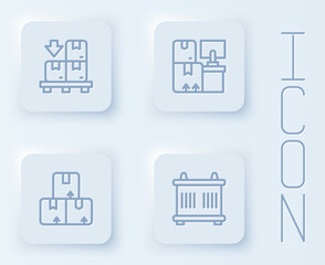 Set line Cardboard boxes on pallet, Warehouse with, Carton cardboard and Container. White square button. Vector