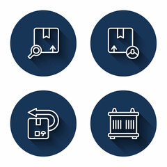 Set line Search package, Carton cardboard box, Return and Container with long shadow. Blue circle button. Vector