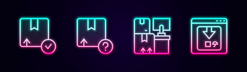 Set line Carton cardboard box, Warehouse with boxes and Online app delivery tracking. Glowing neon icon. Vector