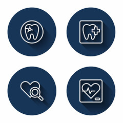 Set line Tooth with caries, Dental clinic location, Medical heart inspection and Heart rate with long shadow. Blue circle button. Vector