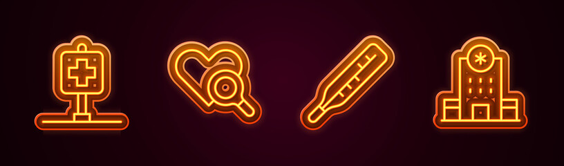 Set line Location hospital, Medical heart inspection, thermometer and Hospital building. Glowing neon icon. Vector
