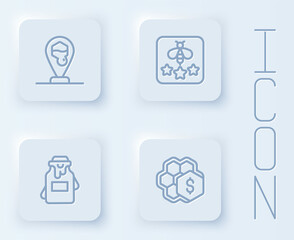 Set line Honeycomb bee location, Type of, Jar honey and Sale honeycomb. White square button. Vector