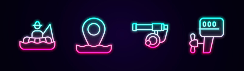Set line Fisherman in boat, Location fishing, Fishing rod and Outboard motor. Glowing neon icon. Vector