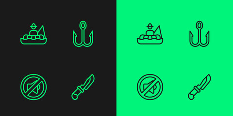 Set line Knife, Speaker mute, Fisherman in boat and Fishing hook icon. Vector