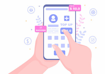 Top Up Add Your Money Balance Vector Illustration on Mobile Phone Device For Financial Application, E-Wallet or Digital Currency Concept