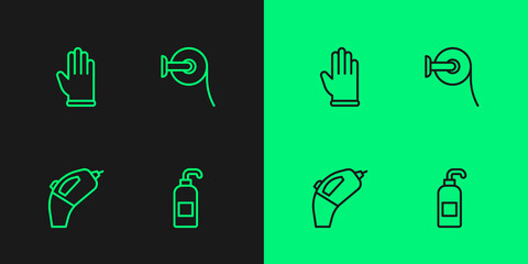 Set line Antibacterial soap, Portable vacuum cleaner, Rubber gloves and Toilet paper roll icon. Vector