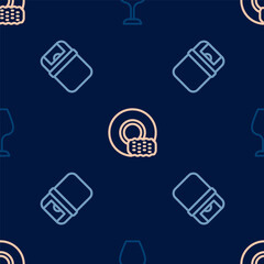 Set line Wine glass, Trash can and Washing dishes on seamless pattern. Vector