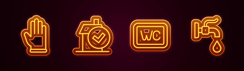 Set line Rubber gloves, Home cleaning service, Toilet and Water tap. Glowing neon icon. Vector