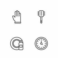 Set line Clock, Dishwashing bottle and plate, Rubber gloves and Toilet brush icon. Vector