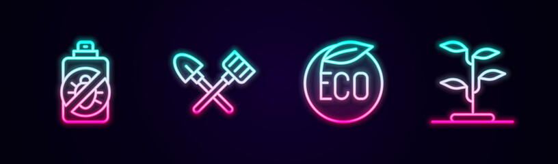 Set line Spray against insects, Shovel and rake, Eco healthy food and Sprout. Glowing neon icon. Vector