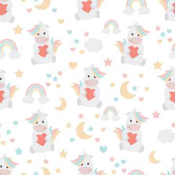 cute pastel unicorn with red heart seamless pattern for fabric or wrapping paper