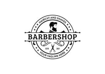 Vintage retro barbershop logo design template. Stamp label circular round design