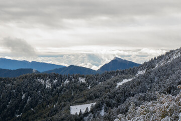 Winters mountain range landscape and view, snow and cloudy sky