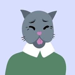A silly grey cat wearing green sweater laughing.