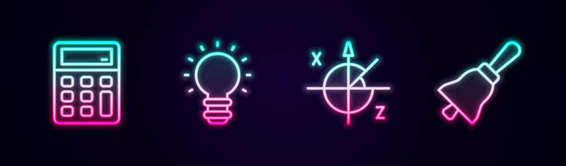 Set line Calculator, Creative lamp light idea, Trigonometric circle and Ringing bell. Glowing neon icon. Vector
