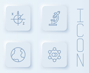 Set line Trigonometric circle, Microscope, Earth globe and Molecule. White square button. Vector