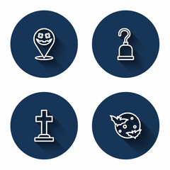 Set line Happy Halloween holiday, Pirate hook, Tombstone with cross and Moon and stars with long shadow. Blue circle button. Vector
