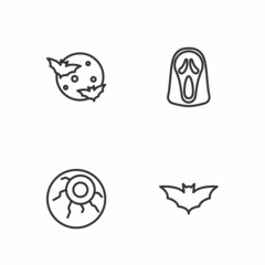Set line Flying bat, Eye, Moon and stars and Funny scary ghost mask icon. Vector