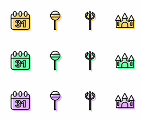 Set line Trident devil, Halloween date 31 october, Lollipop and Castle icon. Vector
