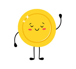 Cute gold coin. Funny vector cartoon characters. Happy winner. Vector cartoon illustration isolated on white background.