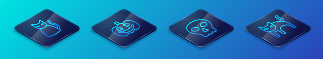 Set Isometric line Skull, Black cat, and Pumpkin icon. Vector