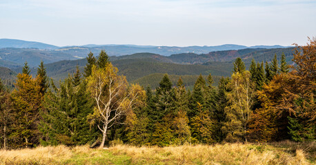 Autumn Moravskoslezske Beskydy mountains from Beskyd hill on czech - slovakian borders