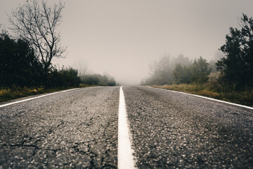 solid lane on the road, road in fog