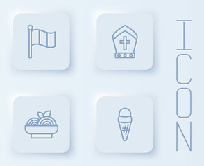 Set line Flag Italy, Pope hat, Pasta spaghetti and Ice cream in waffle. White square button. Vector