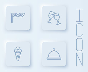 Set line Carnival mask, Wine glass, Ice cream waffle and Covered with tray of food. White square button. Vector