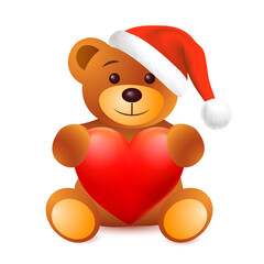 Winter cute baby brown teddy bear toy in sitting pose with red heart and in Santa Claus Christmas hat. Isolated vector illustration