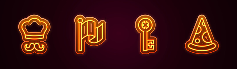 Set line Italian cook, Flag Italy, Old key and Slice of pizza. Glowing neon icon. Vector