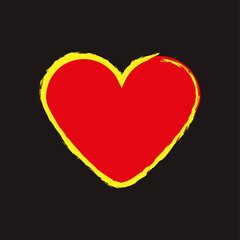Red heart icon. Yellow ink frame. Black background. Romantic concept. Holiday time. Vector illustration. Stock image.