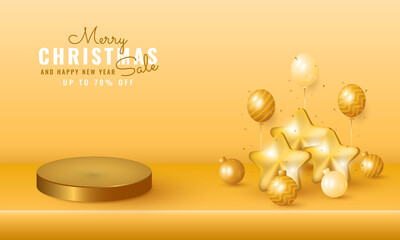 modern christmas and new year sale banner with podium product presentation, golden balloon and star