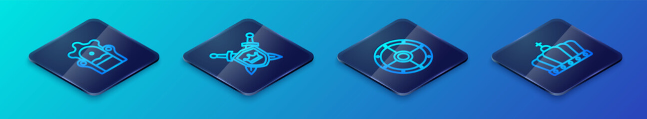 Set Isometric line Round shield, Medieval throne, King crown and Shield with swords icon. Vector
