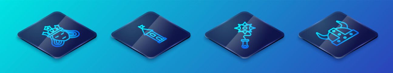 Set Isometric line Mace with spikes, Princess or queen, Viking horned helmet and Castle tower icon. Vector