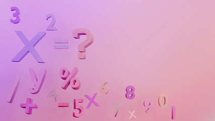 Gradient color basic math operation symbols and Geometry shape on pink background Mathematics education background concept 3d render.