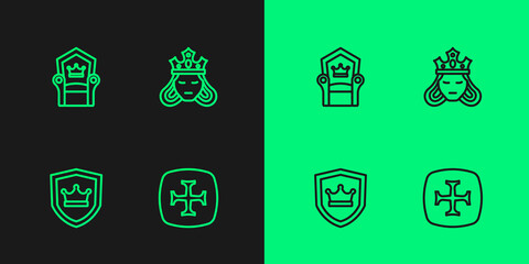 Set line Crusade, Shield with crown, Medieval throne and Princess or queen icon. Vector